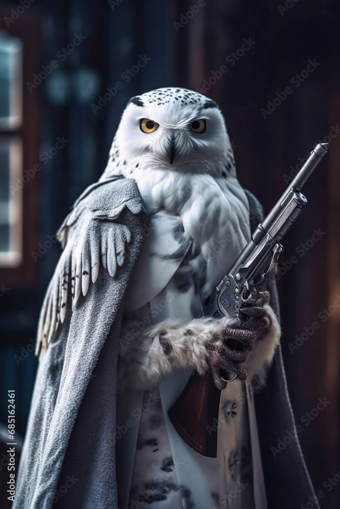 Snowy owl gunslinger in a gray robe with a pirate gun on black background Snowy owl gunslinger in a gray robe with a pirate gun on black background