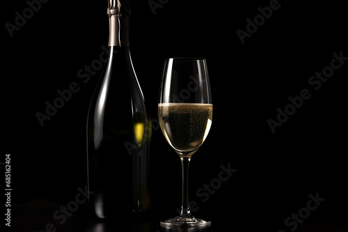 Champagne wine glass and bottle on black background