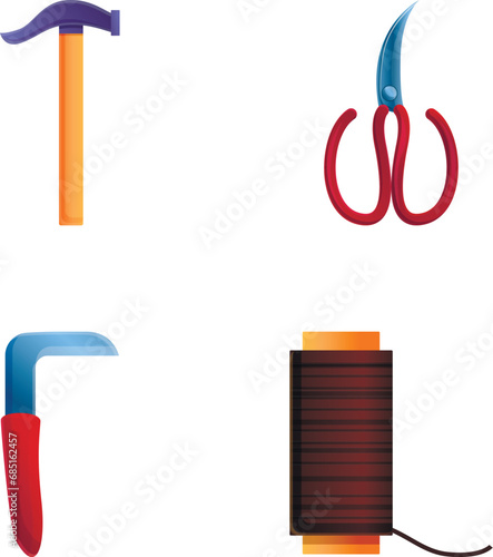 Shoemaker tool icons set cartoon vector. Footwear sewing and repair. Custom shoe atelier, workshop