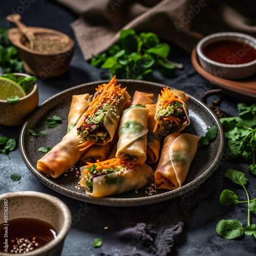 Fried chinese spring rolls with sweet chili sauce. photo