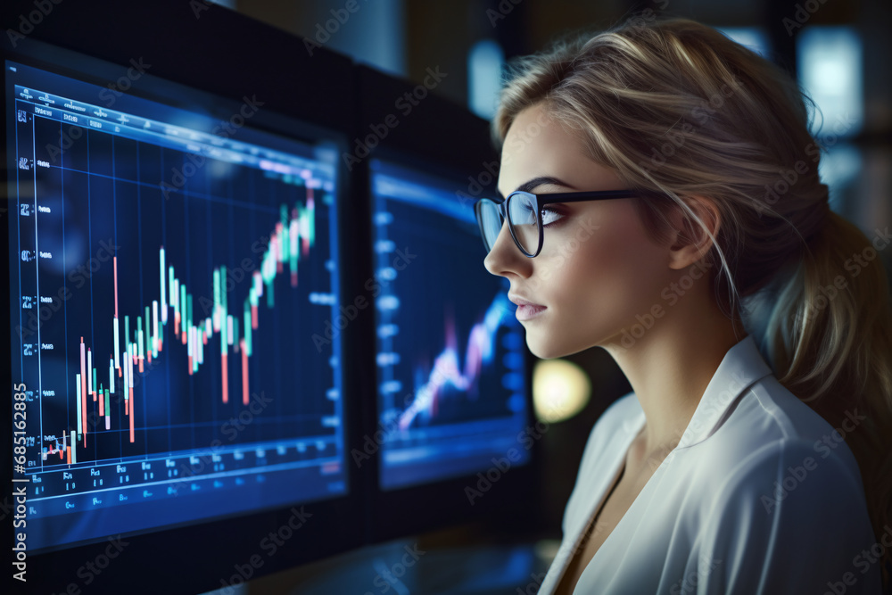 A woman looking at a computer screen with stock charts and graphs A woman looking at a computer screen with stock charts and graphs