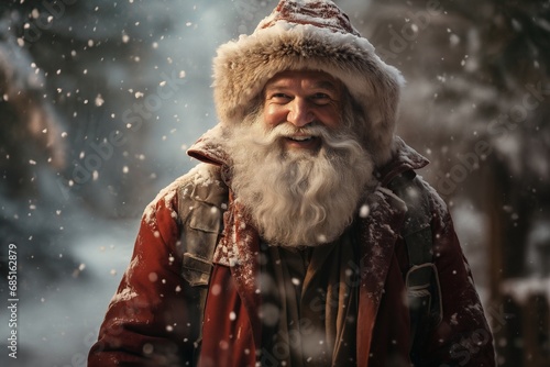 Portrait of Santa, with a lot of gifts, he is cheerful and joyful, winter, snow covered forest © soleg