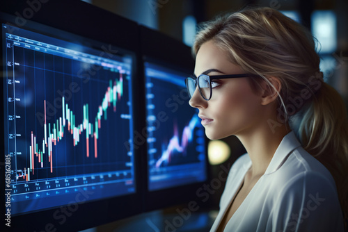 A woman looking at a computer screen with stock charts and graphs