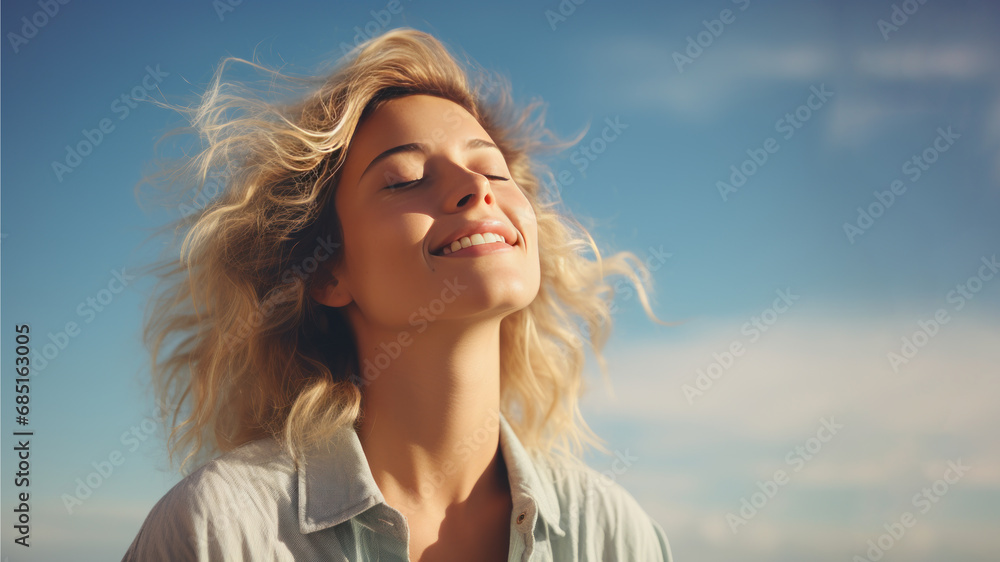 A Blonde woman breathes calmly looking up isolated on clear blue sky A Blonde woman breathes calmly looking up isolated on clear blue sky