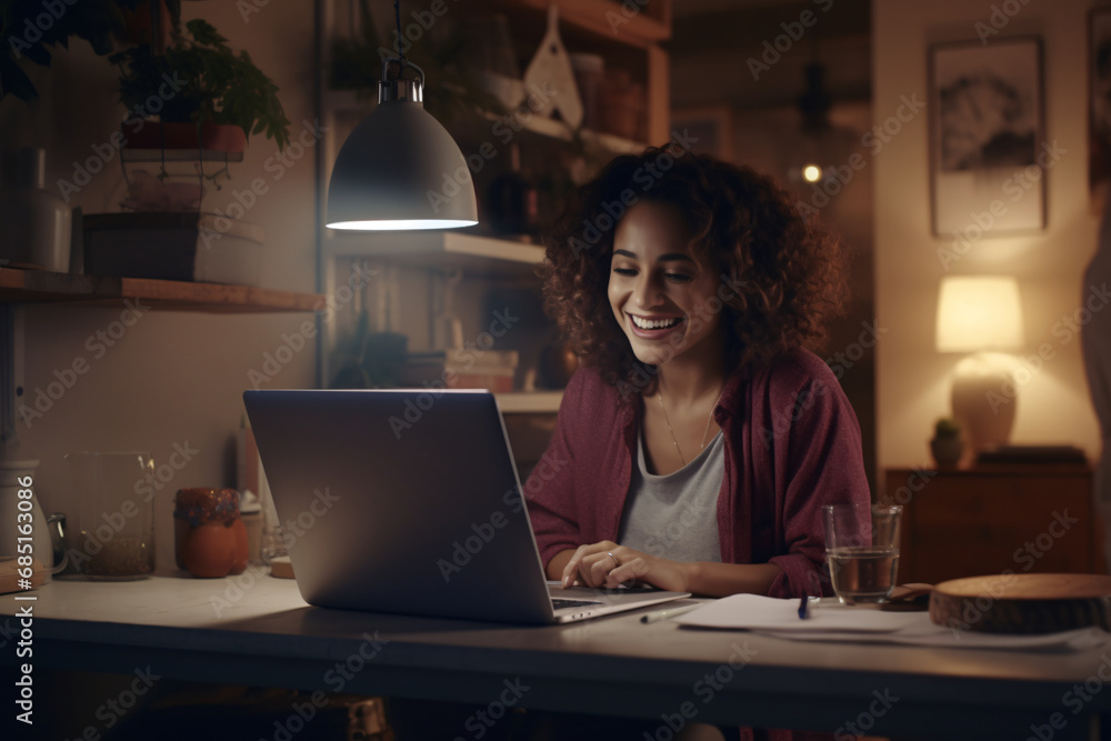 A woman working from home on her laptop smiling A woman working from home on her laptop smiling
