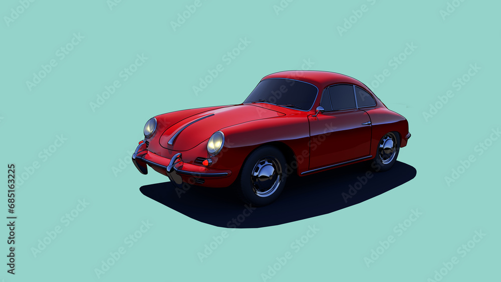 A red German car. Cartoon car on a blue background. Classic sports car. 3D rendering