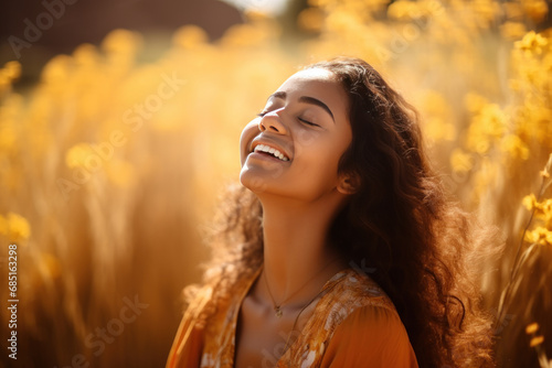 A Indian woman breathes calmly looking up enjoying summer season