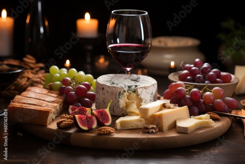 An intimate evening with a candlelit wine and cheese spread, hygge concept