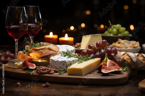 A cozy and romantic setting with a candlelit table showcasing an exquisite wine and cheese arrangement, hygge concept