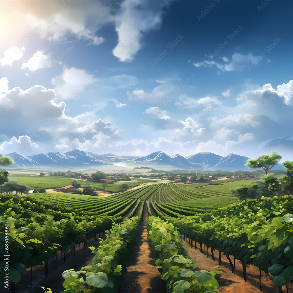 a peaceful vineyard with orderly rows of grapevines and a clear sky