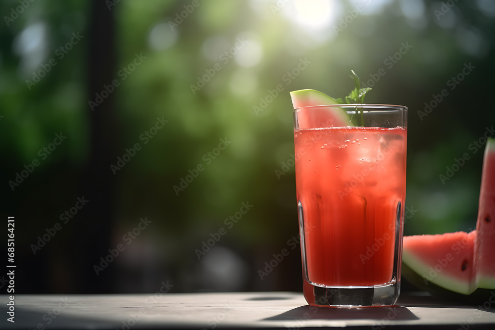 Tasty summer watermelon drink in glass on table Tasty summer watermelon drink in glass on table