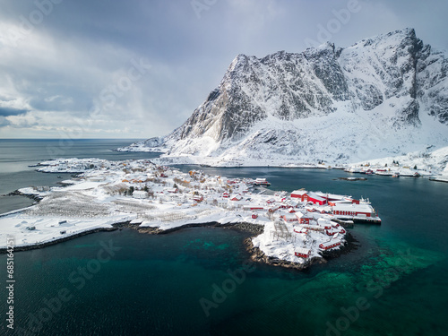 Aerial view of Reine, village at the very end of the Lofoten islands, with its typical red cabins