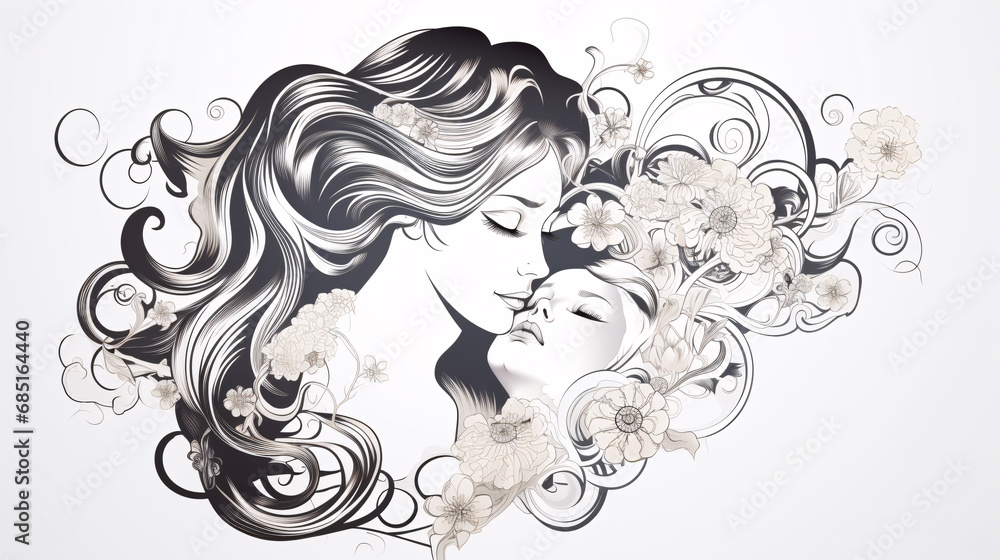 Fototapeta premium Clean Outline Drawing of Mother, Featuring Very Thin Lines for a Chic Aesthetic.