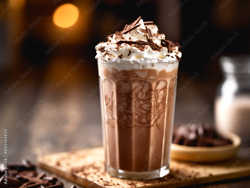 Iced chocolate milkshake drink on wood background Iced chocolate milkshake drink on wood background