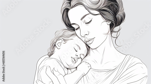 Clean Outline Drawing of Mother  Featuring Very Thin Lines for a Chic Aesthetic.