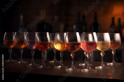 Rose wine in stemmed glasses placed in line from light to dark colour on concrete table