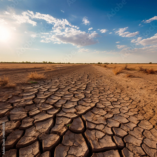 Desert dry land, cloudy blue sky over dried out, cracked nature. Concept of water shortage, environmental problem, climate change. Population exodus due to famine