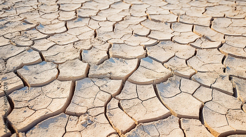 Desert dry land, cloudy blue sky over dried out, cracked nature. Concept of water shortage, environmental problem, climate change. Population exodus due to famine