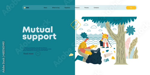 Mutual Support: Cleaning up trash, Garbage collection -modern flat vector concept illustration of people collecting trash on the beach A metaphor of voluntary, collaborative exchanges of resource