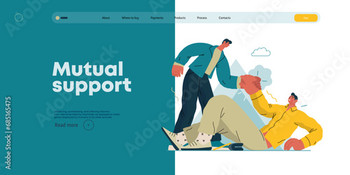 Mutual Support: Helping a fallen person get up -modern flat vector concept illustration of man assisting another man to stand up A metaphor of voluntary, collaborative exchanges of resource, services