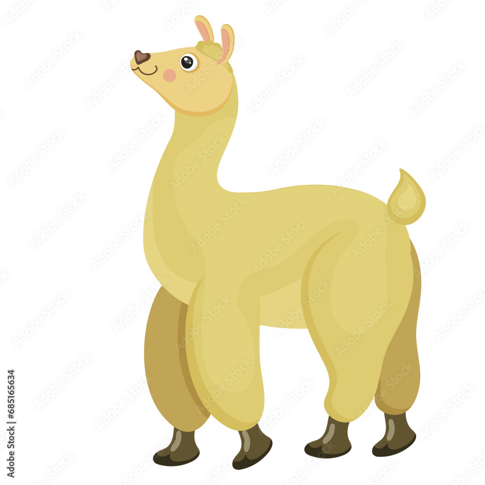 South American alpaca cute cartoon image, wildlife nature, funny design, zoo character, children drawing. Beige fur, long neck, smiling face. Isolated on white background. Vector illustration South American alpaca cute cartoon image, wildlife nature, funny design, zoo character, children drawing. Beige fur, long neck, smiling face. Isolated on white background. Vector illustration
