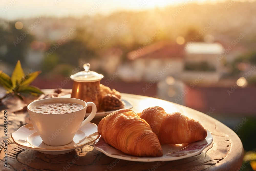cup of coffee and french croissant on table, balcony with view of beautiful landscape, still life, sea and mountains, resort town, sunset cup of coffee and french croissant on table, balcony with view of beautiful landscape, still life, sea and mountains, resort town, sunset