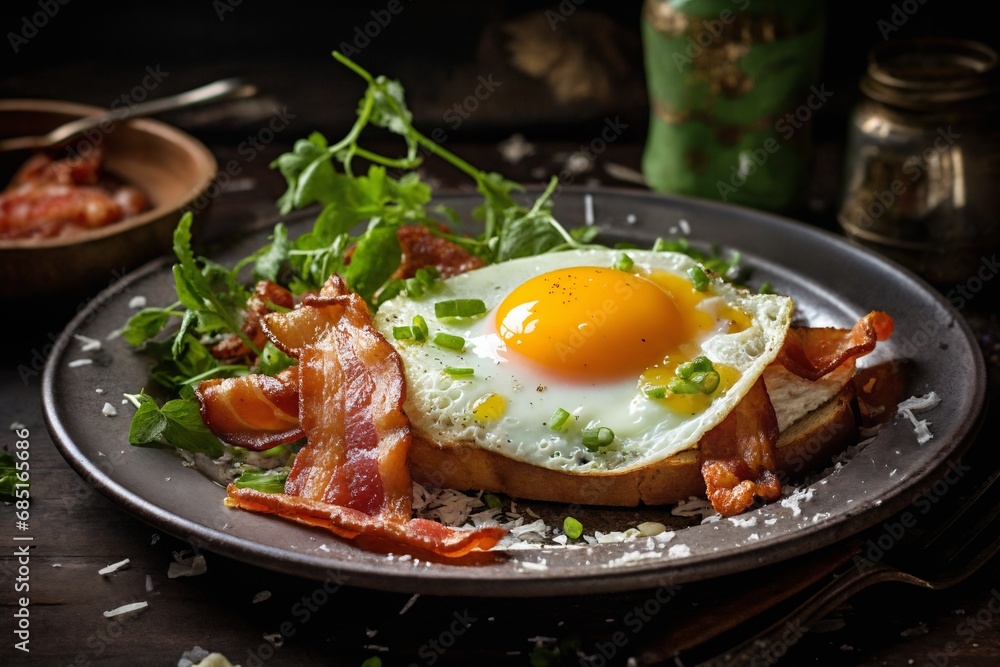 fried eggs with bacon and herbs, delicious breakfast, still life on a dark background