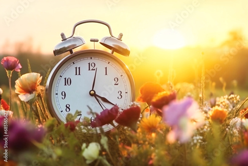 a clock among flowers. transition to summer time