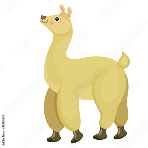 South American alpaca cute cartoon image  wildlife nature  funny design  zoo character  children drawing. Beige fur  long neck  smiling face. Isolated on white background. Vector illustration