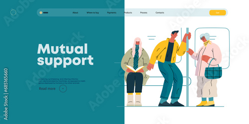 Mutual Support Giving up seat in public transport -modern flat vector concept illustration of man offering his seat to elderly woman on bus A metaphor of voluntary, collaborative exchanges of services
