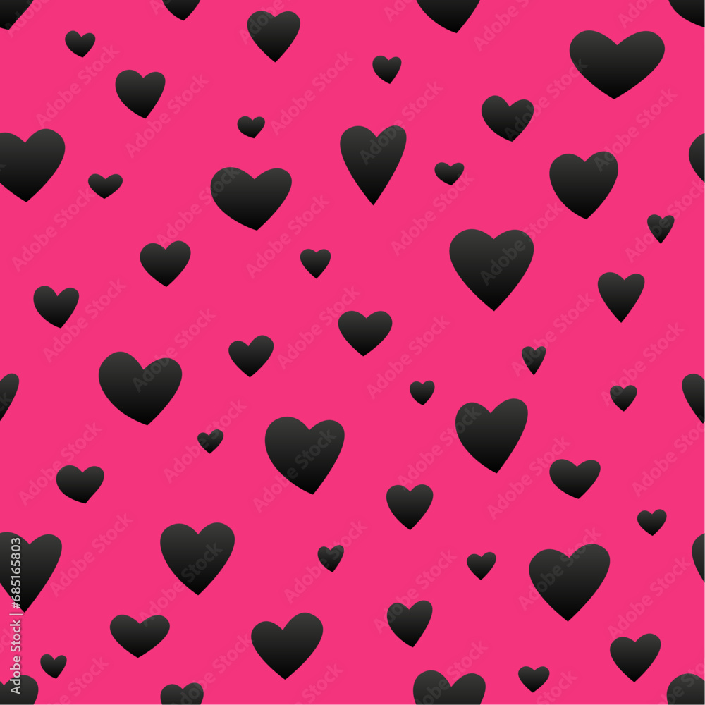 Seamless pattern - ladybug with spots in the form of hearts. Abstract background of black hearts on a pink background.