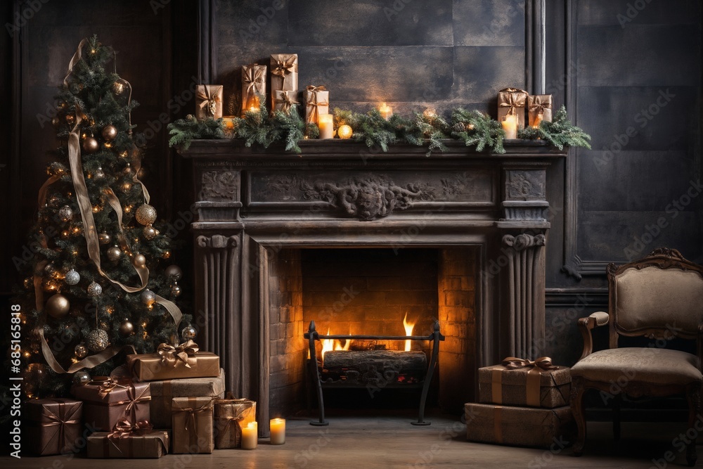 interior of house with burning fire in fireplace, decorated for Christmas or New Year holidays, gifts, Christmas tree, winter season interior of house with burning fire in fireplace, decorated for Christmas or New Year holidays, gifts, Christmas tree, winter season