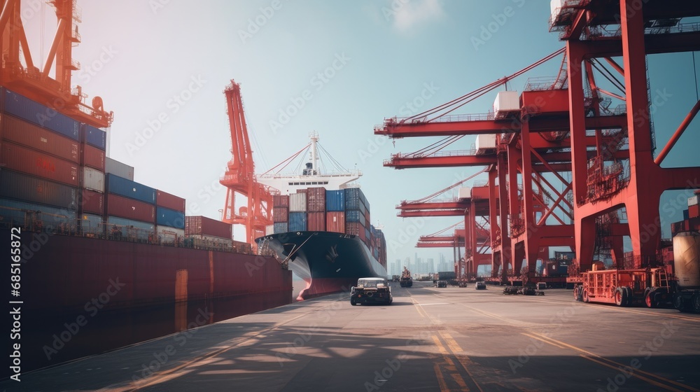 aerial view of Logistics and transportation of Container Cargo ship with working crane bridge in shipyard , logistic import export and transport industry background