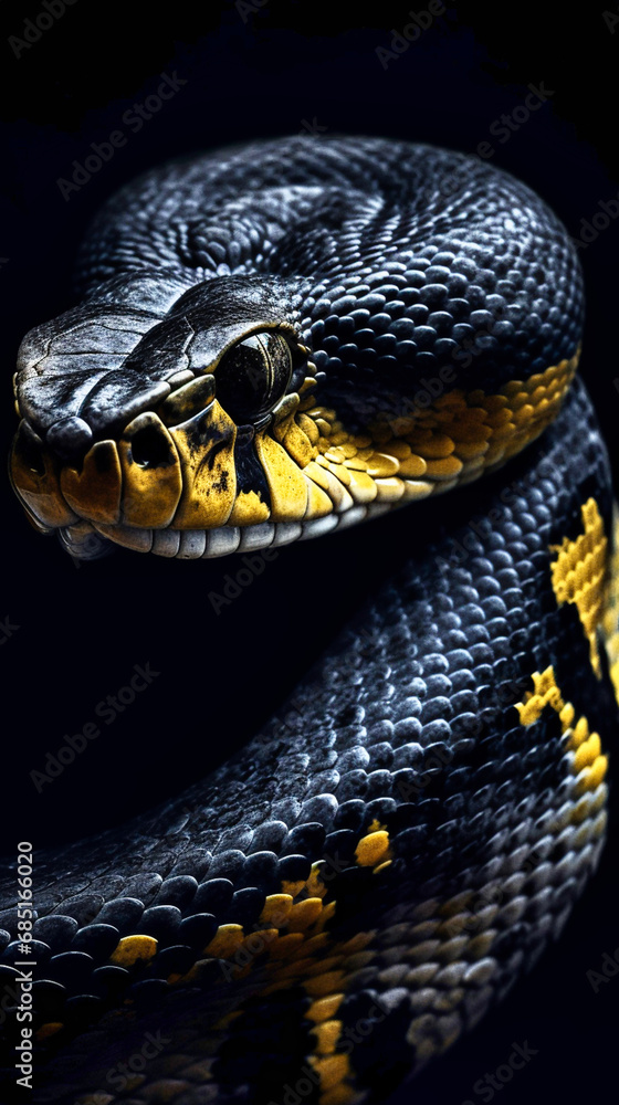 Fototapeta premium black and yellow snake on a dark background