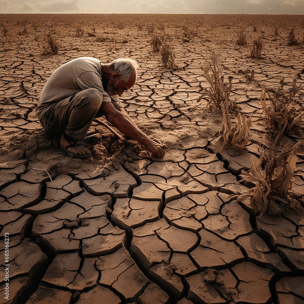A man in the desert is looking for water. Water scarcity. Desert and cracked earth. Impacts of climate change, including desertification and drought. - obrazy, fototapety, plakaty 