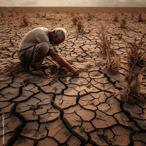 A man in the desert is looking for water. Water scarcity. Desert and cracked earth. Impacts of climate change, including desertification and drought. photo