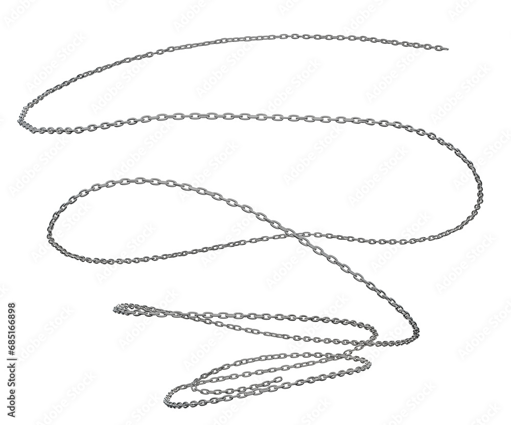 The 3D rendering of a steel chain exhibits intricate, distorted, and twisted spirals, isolated on a transparent background in PNG. The 3D rendering of a steel chain exhibits intricate, distorted, and twisted spirals, isolated on a transparent background in PNG.