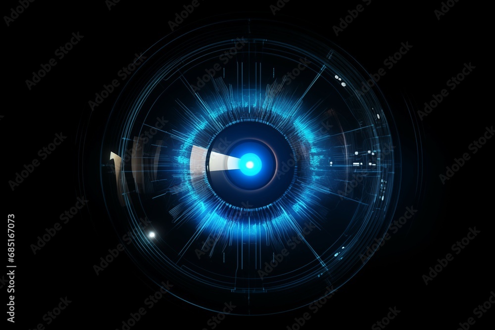 A futuristic eye with a blue light coming out of it, technology background A futuristic eye with a blue light coming out of it, technology background