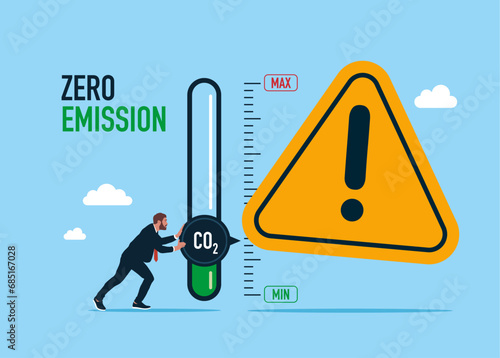 Man wrong turning gauge arrow pointer to lowest level of CO2. Flat vector illustration