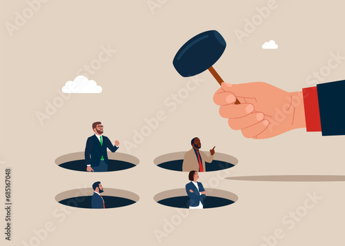 Hand businessman holding hammer hitting he boss in a mole hole. Flat vector illustration photo
