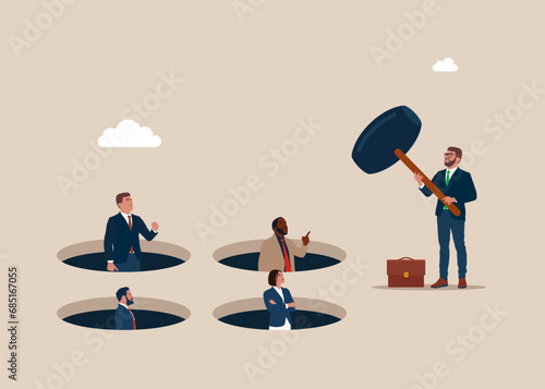 Businessman holding hammer hitting he employees in a mole hole. Flat vector illustration photo