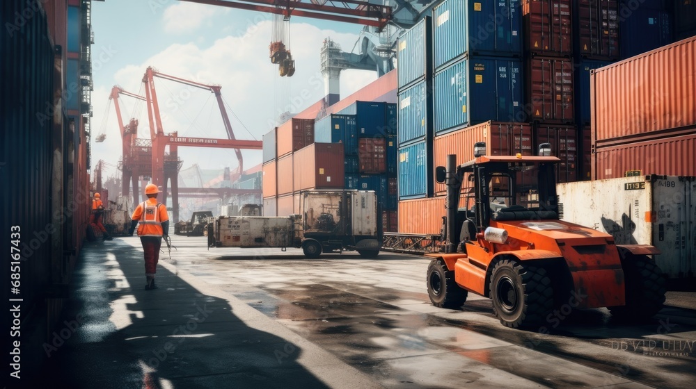 Obraz premium worker in container yard using tablet for loading cargo container ship working with crane in ship yard