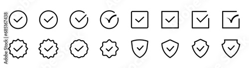 Checkmark icon set. Line checkmark tick. Vote symbol. Correct sign. Checkmark symbol. Editable stroke. Vector illustration.