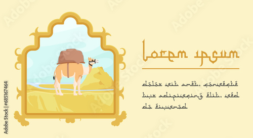 Traditional arabian camel caravan. Scenic noon landscape with sand dune and river. Muslim tale, islamic religion. Lorem ipsum calligraphy concept. Vector illustration