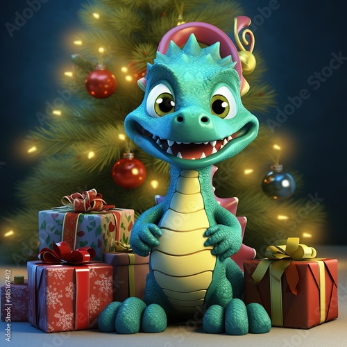 Fantasy cute Dragon with Christmas hat Fantasy cute dragon with Christmas hat, New year's Card, Banner, Illustration, New Year 2024