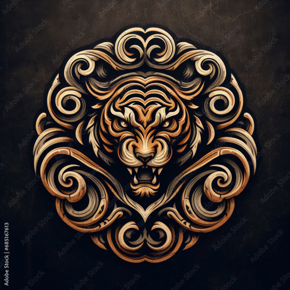 3d Tiger logo carving and engraving on dark background 3d Tiger logo carving and engraving on dark background