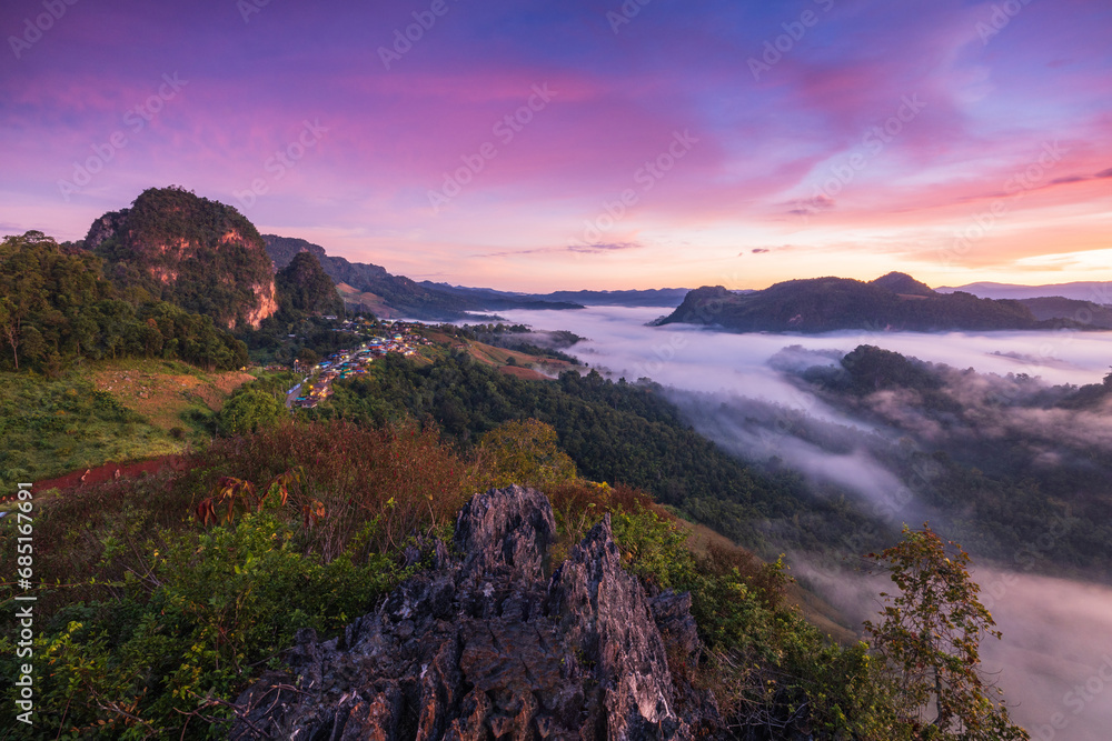 Ban Cha Bo, Landscape sea of mist  in morning on high mountain at Mae Hong Son  province Thailand.