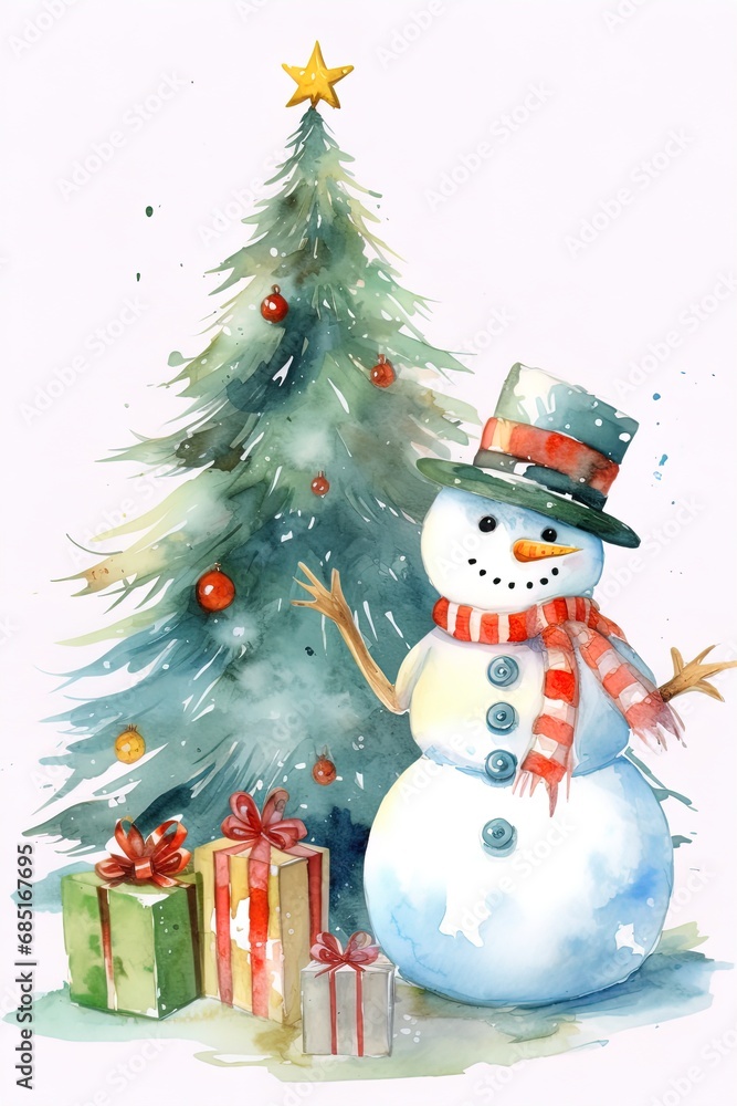 A watercolor painting depicting a Snowman and a Christmas tree, conveying the cheerful spirit of a Merry Christmas and New Year. Postcard, Banner, Calendar