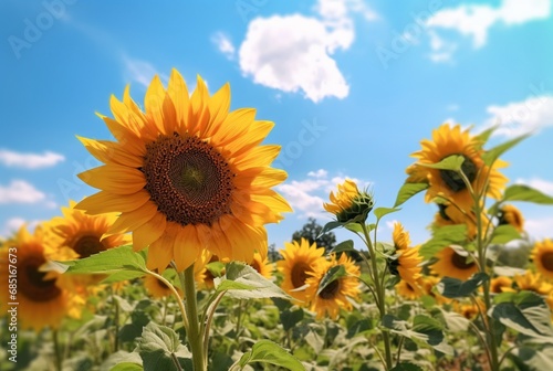 sunflower garden with beautiful blue sky. generative ai