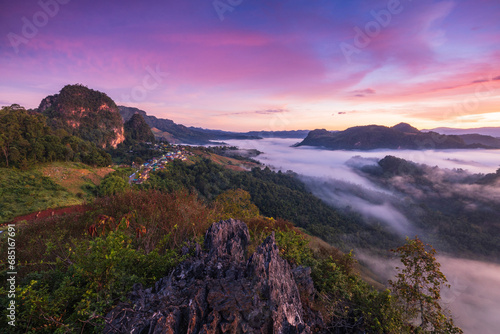 Ban Cha Bo, Landscape sea of mist  in morning on high mountain at Mae Hong Son  province Thailand. © Nakornthai